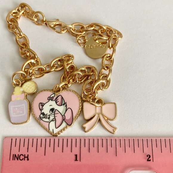 Disney Aristocats Marie Cat Charm Bracelet Heart Bow Signed 7-8" White Gold Tone - Picture 10 of 10